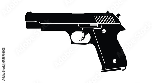 A stark black silhouette of a semi automatic handgun against a clean white background showcasing its distinct form and outline