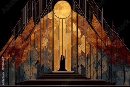 Romantic couple standing together under a full moon in a stylized autumn landscape
