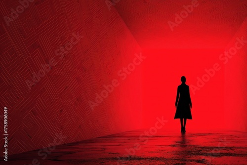 Silhouette of a figure walking towards a bright red light in a shadowy corridor during an abstract art exhibition