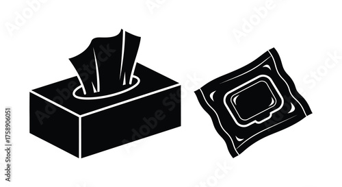 Black silhouette of a tissue box with tissues and a wet wipe packet on a white background