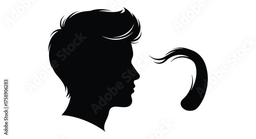 Stylized black silhouette of a man s profile with a flowing lock of hair detached and curving elegantly silhouette