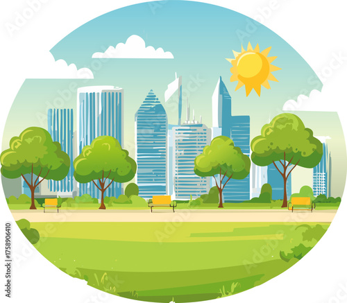 The serene park features lush trees, comfortable benches, and a winding path for leisurely strolls beneath a vibrant skyline, creating a beautiful landscape