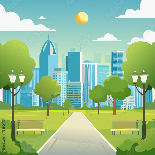 The serene park features lush trees, comfortable benches, and a winding path for leisurely strolls beneath a vibrant skyline, creating a beautiful landscape