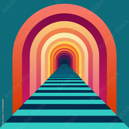 Vibrant retro tunnel with striped path and archways in warm colors