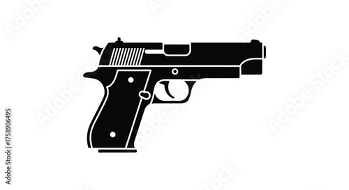 A stark black silhouette of a semi automatic handgun viewed from the side on a white background silhouette
