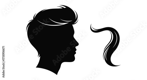 Profile silhouette of a person with a stylized modern haircut and a separate lock of hair silhouette