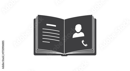 Open book with contact information and phone icon in silhouette style