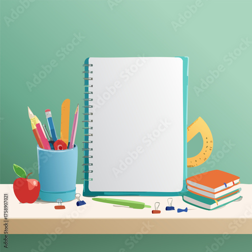 On a table, there is a neatly arranged stack of books alongside a notebook, some pencils, a couple of rulers, and a fresh apple placed carefully