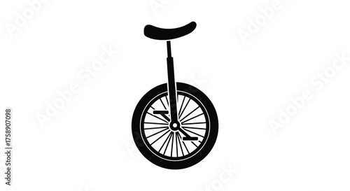 A simple black silhouette of a unicycle with a single wheel and saddle on a white background