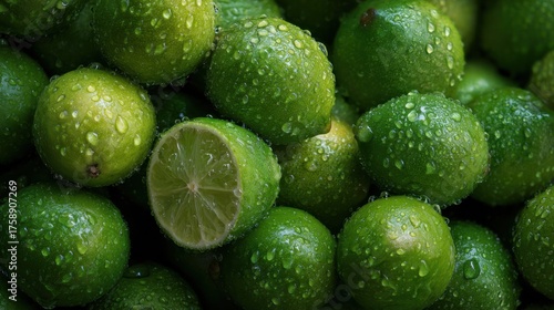 Close-up of fresh, juicy limes covered in water droplets