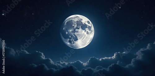 Serene Full Moon in Inky Night Sky Breathtaking Celestial View, Perfect for Astronomy, Space Exploration, and Peaceful Themes