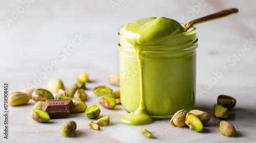 A jar of pistachio cream with spoon, surrounded by pistachio nuts and chocolate