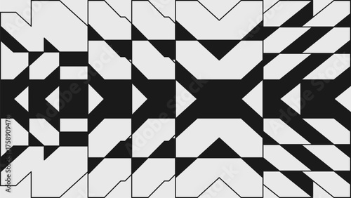 Perspective 3D volume brutal pattern of dynamic elements, bold aesthetic, Abstract modern composition in brutalism style, Postmodern geometric ornament with simple shapes in monochrome colors