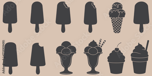 Illustration of various ice cream treats including popsicles cones and sundaes in a simple graphic style silhouette