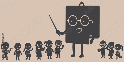 Illustration of a teacher with glasses and students in a classroom setting in monochrome style silhouette