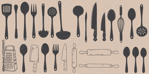 cutlery,kitchen,utensil large set of dining tools icon collection spoon fork knife rolling pin silhouette vector graphic design flat symbols