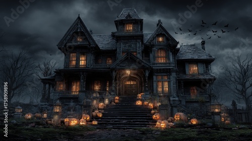 A spooky haunted house at night, decorated for Halloween with illuminated jack-o'-lanterns and bats in the sky