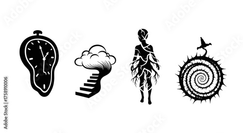 Surreal dreamscape symbols evoke mystery and imagination, perfect for creative projects