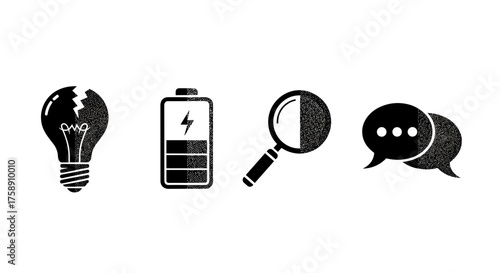 Modern icons showing lightbulb, battery, magnifying glass, and chat bubbles for design