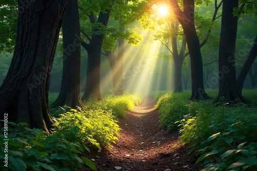 Sun-Dappled Path Through Ancient Forest Explore the Untouched Wilderness, Tranquil Nature Scene, Mystical Sunlight Filtering Through Leaves, Peaceful Hike, Serene Atmosphere
