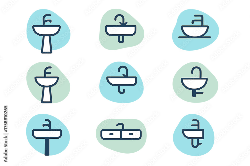 Fototapeta premium Bathroom fixtures linear icon set. featuring sink varieties