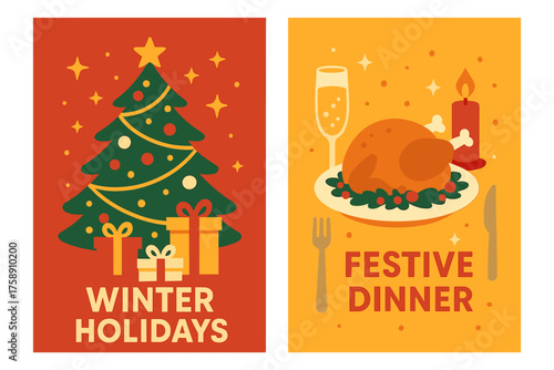 Winter holidays flat icon set. featuring christmas tree, gifts, festive dinner, champagne, holly, and candle symbols