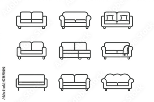 Home furniture linear icon set. featuring sofas, couches, and loveseats in various designs