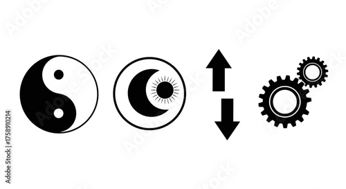 Balance between opposites, duality concept with yin yang, moon sun, and gears shifting