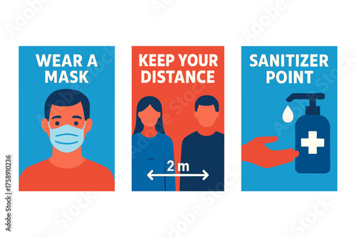 Health safety flat icon set. featuring mask, distance, sanitizer, protection, hygiene, and prevention symbols
