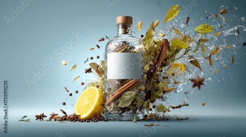 A gin bottle with ingredients bursting out, showcasing flavors and botanicals