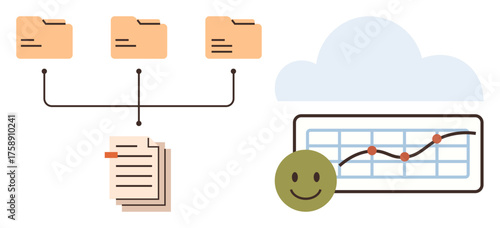 Three folders connected to a document stack, chart with upward curve in cloud, green happy face. Ideal for data organization, file storage, cloud computing, analytics, teamwork, digital workflow