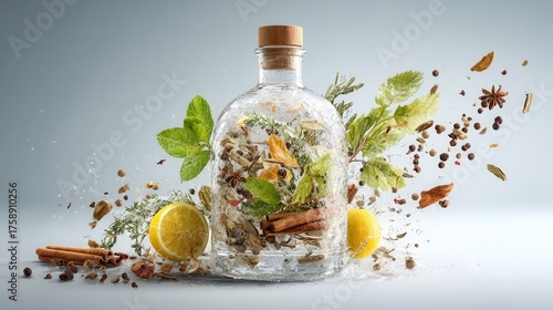 A gin bottle with botanical ingredients, illustrating freshness and flavor