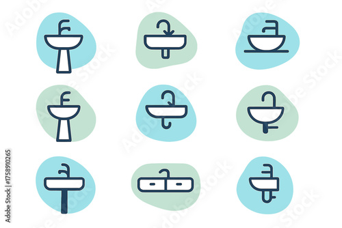 Bathroom fixtures linear icon set. featuring sink varieties