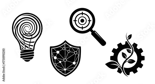 Innovation protection icons representing strategy, idea generation, and sustainable technology