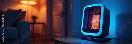 Modern Blue Electric Heater Warming Room, Cozy Winter Glow, Compact Design Perfect for Bedroom or Living Space