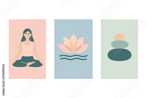 Wellness and mindfulness flat icon set. featuring yoga pose, lotus flower, stone balance
