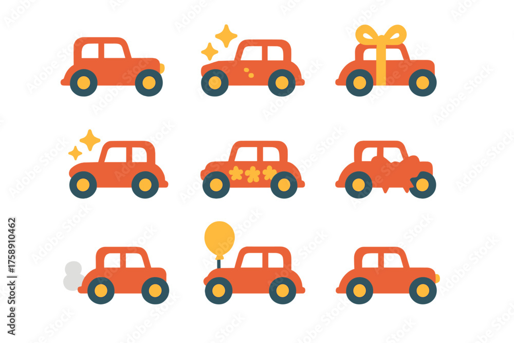 Fototapeta premium Car celebration silhouette icon set. featuring sparkle, gift, floral, balloon, and smoke decorated cars