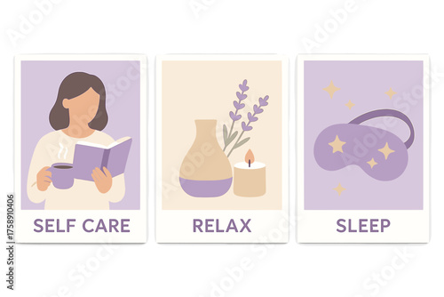 Self-care flat icons set. featuring relaxing, reading, aromatherapy, and sleep symbols