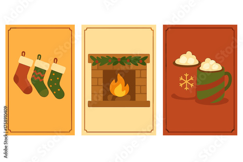 Christmas celebration flat icon set. featuring stockings, fireplace, hot chocolate