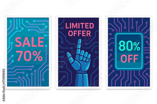 Technology sale flat icon set. featuring sale, discount, promotion, circuit, chip, finger, and offer