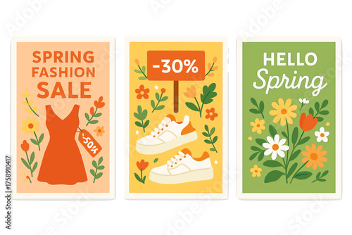 Spring fashion flat icon set. featuring dress, shoes, discount tag, and floral elements