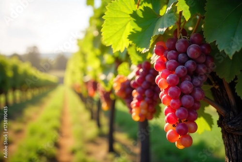 Sun-Dappled Autumn Vineyard Ripe Grapes Hanging Heavy on the Vine, Ready for Harvest