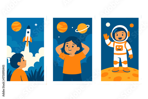 Space exploration flat icon set. featuring rocket, planets, astronaut, child stargazer, and telescope icons