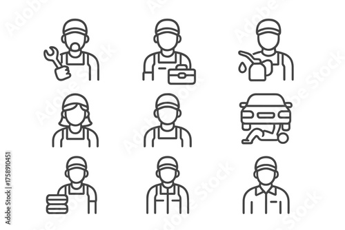Automotive and repair linear icon set. featuring mechanic, tools, car maintenance, and oil change symbols