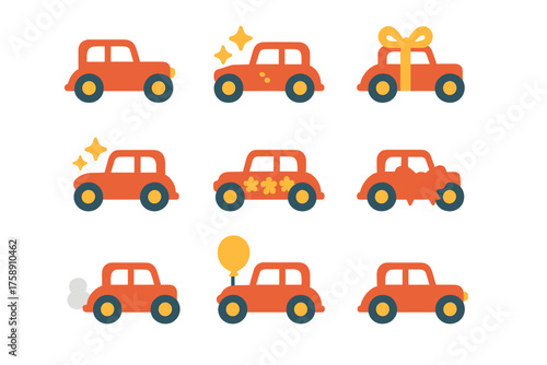 Car celebration silhouette icon set. featuring sparkle, gift, floral, balloon, and smoke decorated cars