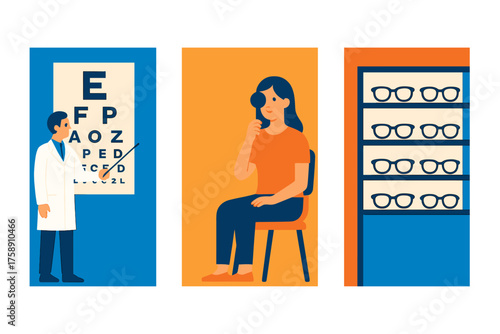 Optometry flat icon set. featuring eye chart, eye test, spectacles, optometrist, and vision check symbols