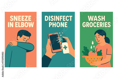 Health tips flat icon set. featuring sneeze in elbow, disinfect phone, wash groceries symbols