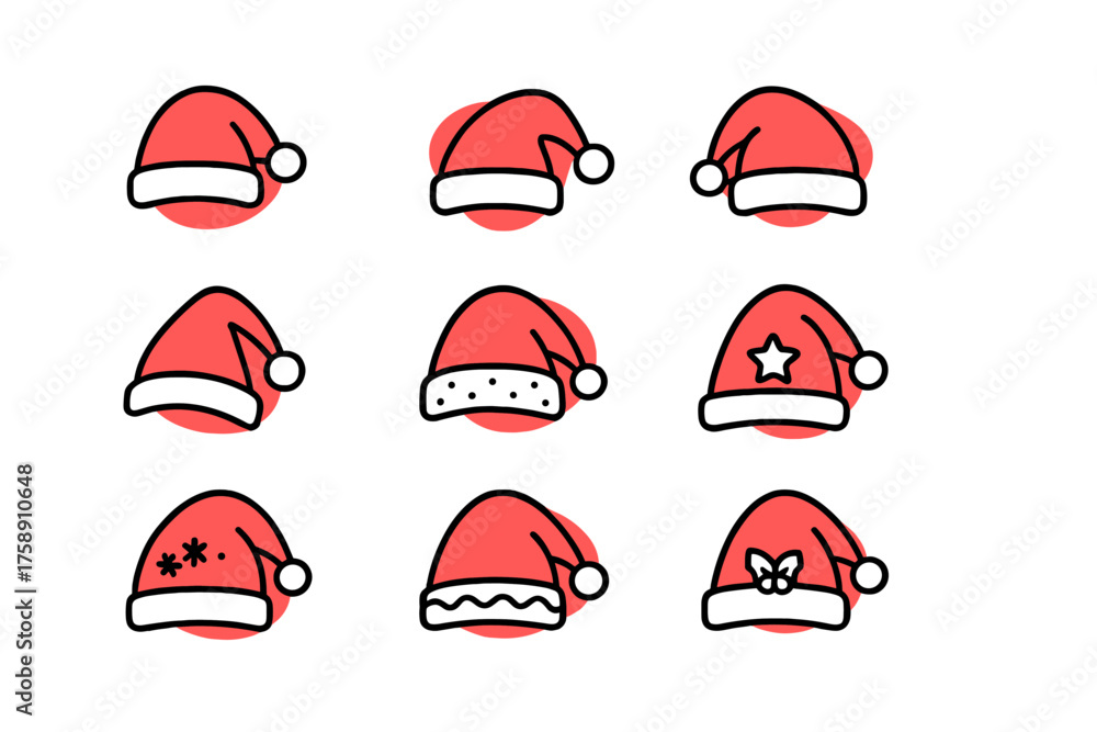 Fototapeta premium Christmas hats linear icon set. featuring santa, star, and festive design variations