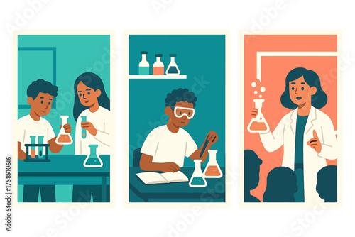 Science laboratory flat icons set. featuring experiments, test tubes, beakers, microscopes, and lab coats