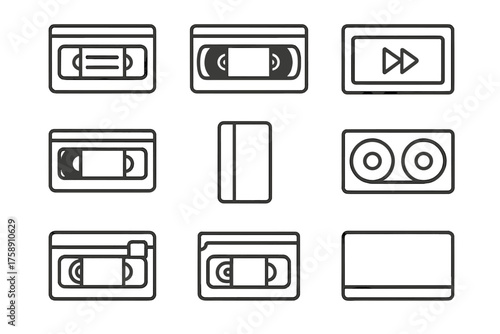 Media nostalgia silhouette icon set. featuring vhs tape, cassette, and play button symbols